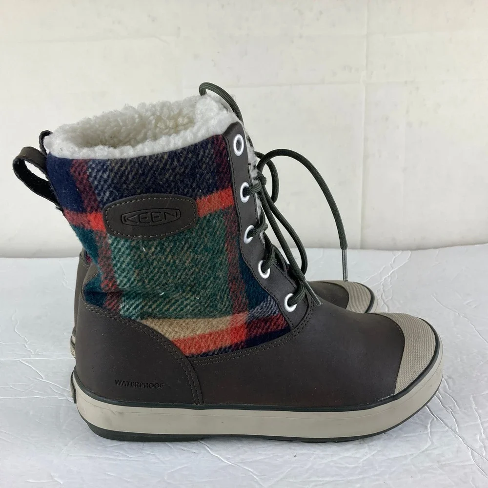 KEEN Elsa Waterproof Winter Boots Sz 8.5 Brown Plaid Faux Fur Lined Snow‎ Rain
